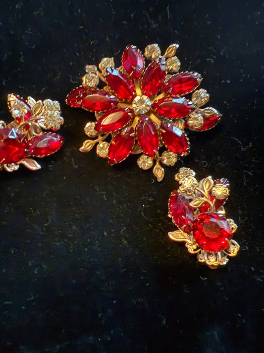 1950's Judy Lee Victorian Brooch Clip Earring Set