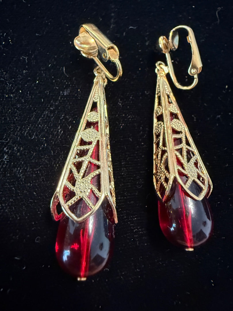 Avon Red Lucite Filigree Clip Earrings Dangle