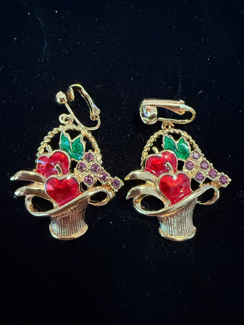 Basket of Apples Enamel Avon Clip Earrings