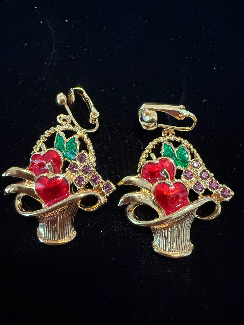 Basket of Apples Enamel Avon Clip Earrings