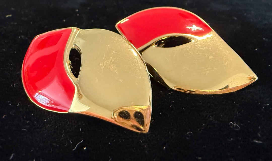 1980 red Gold Tone Clip Avon Earrings