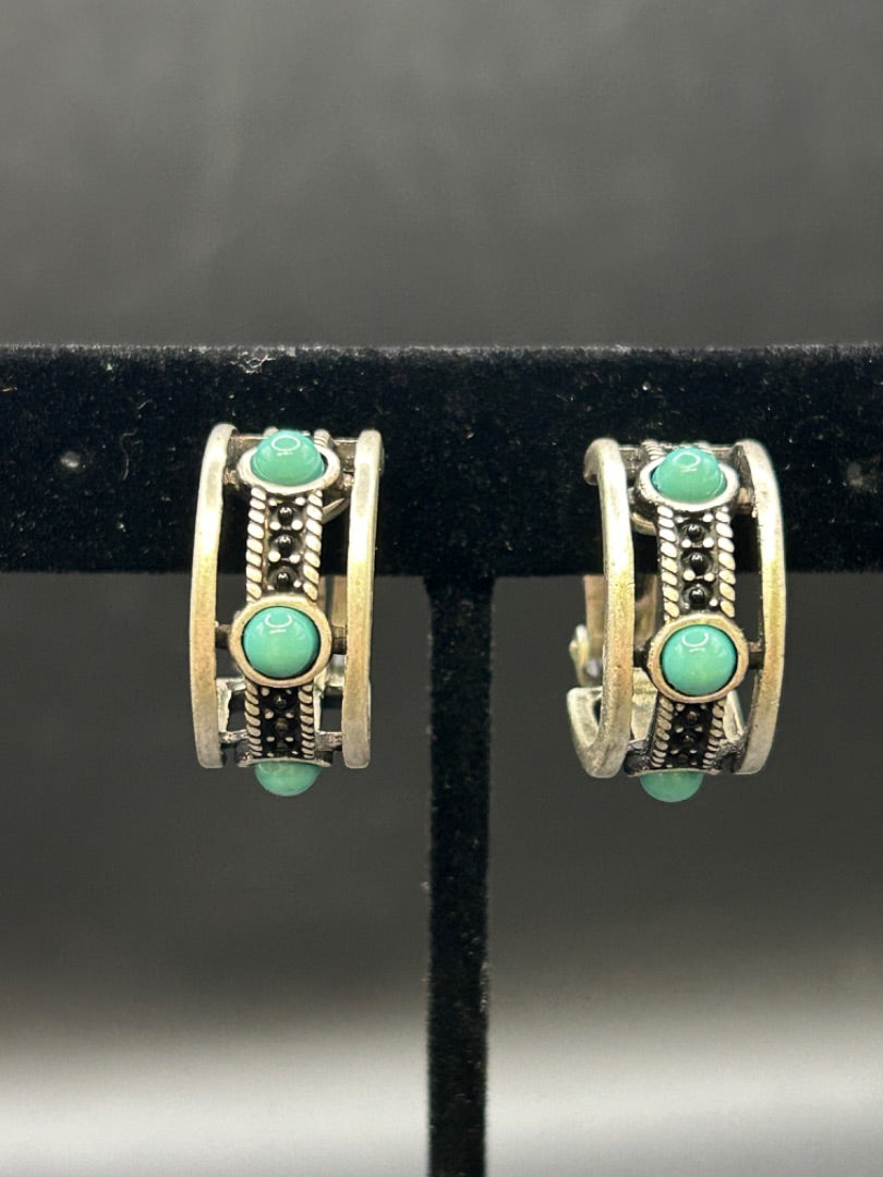 Silver Turquoise Hoop Clip Earrings