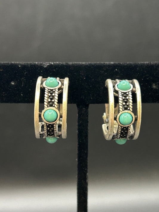 Silver Turquoise Hoop Clip Earrings