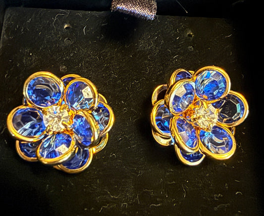 Blue Gold Flowers Clip Earrings