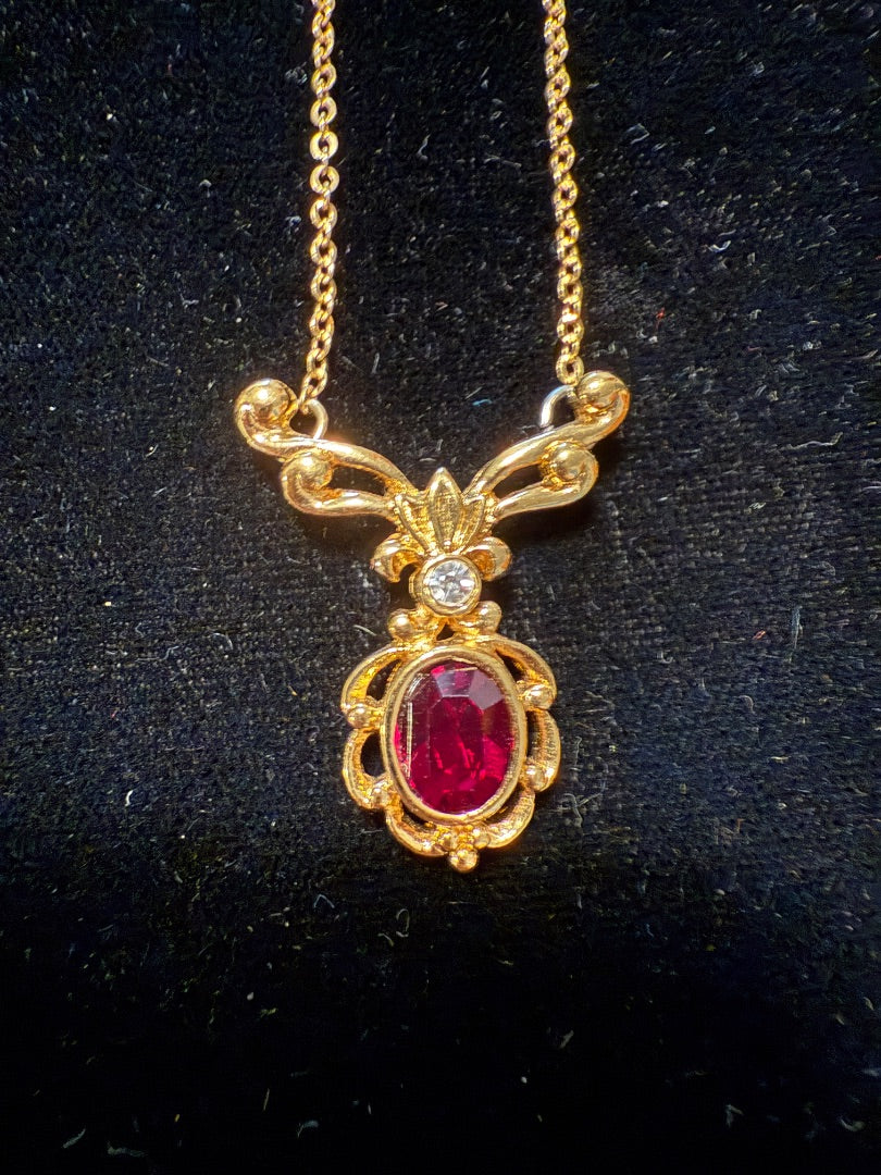 AVON Ruby Red RUBY Gold toned Necklace with CZ diamond