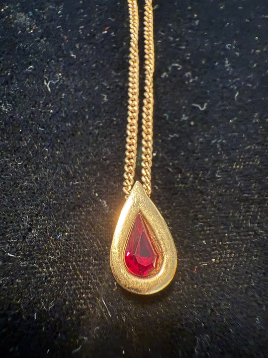 Ruby Red Teardrop Necklace with Gold Tone Chain