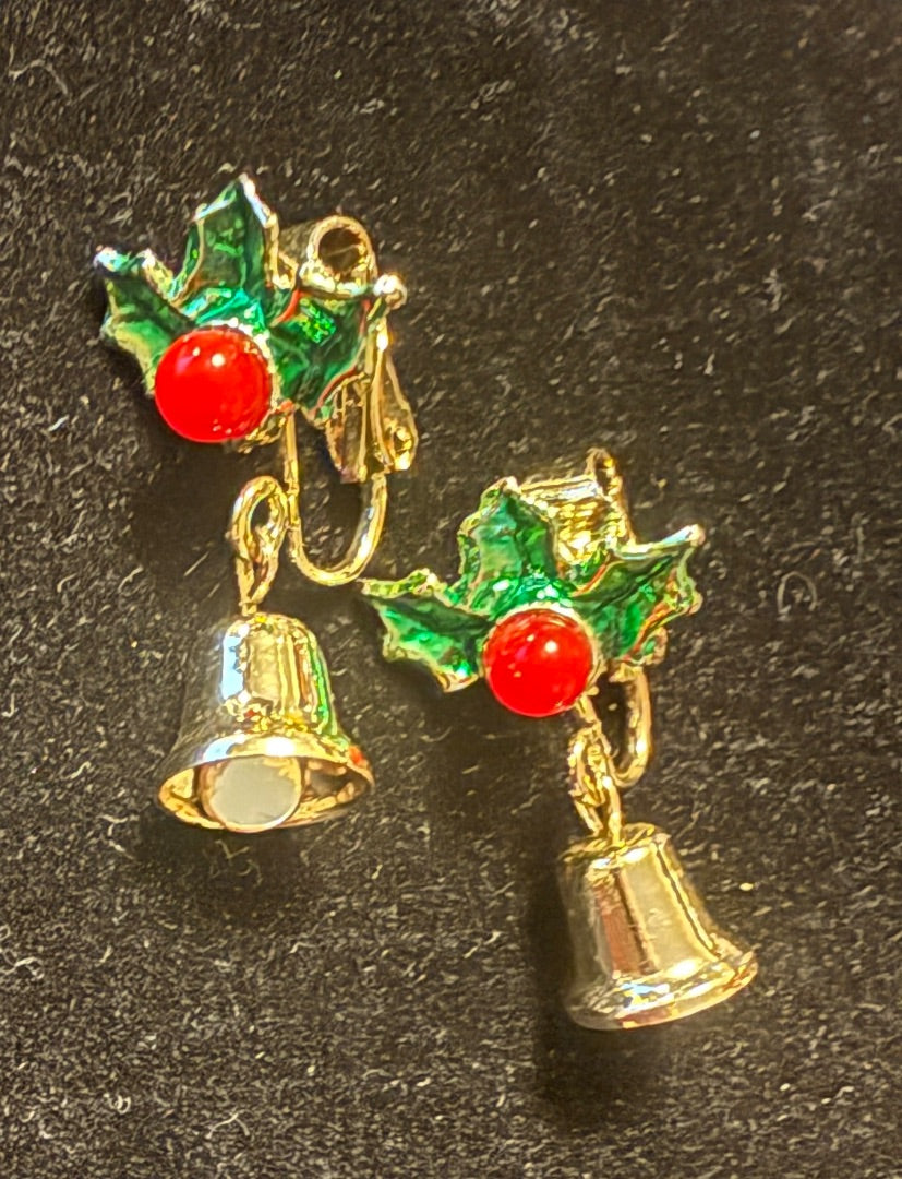 Holly Bells Christmas Clip Earrings