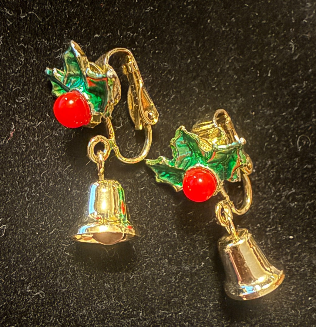 Holly Bells Christmas Clip Earrings