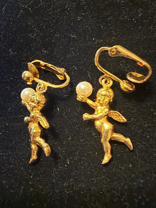 Gold Tone Angel Christmas Clip Earrings