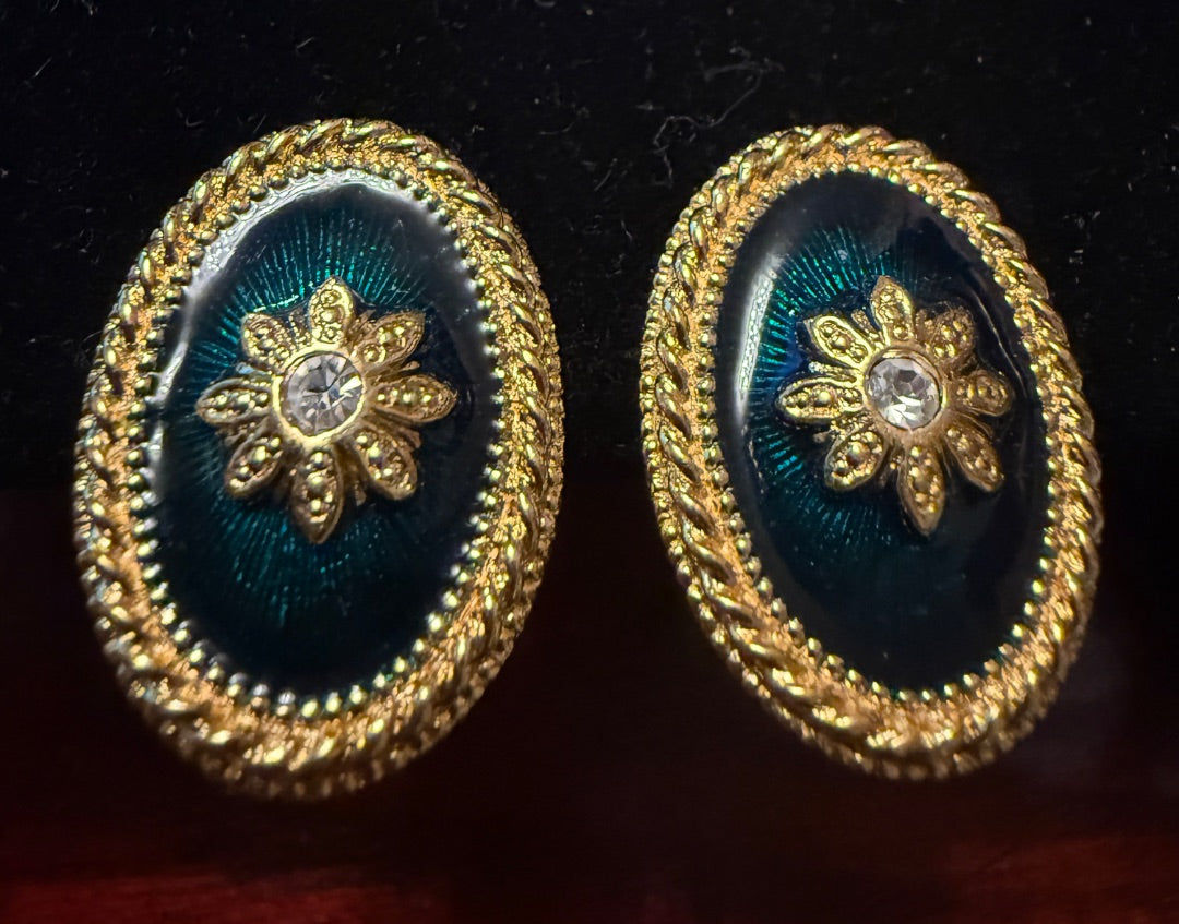 Green Enamel Christmas Clip Earrings