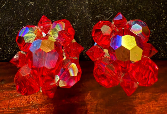 Red Aurora Borealis Christmas Clip Earrings