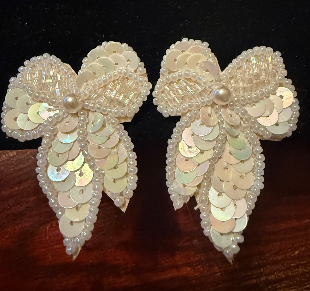 White Sequin Bows Christmas Clip Earrings