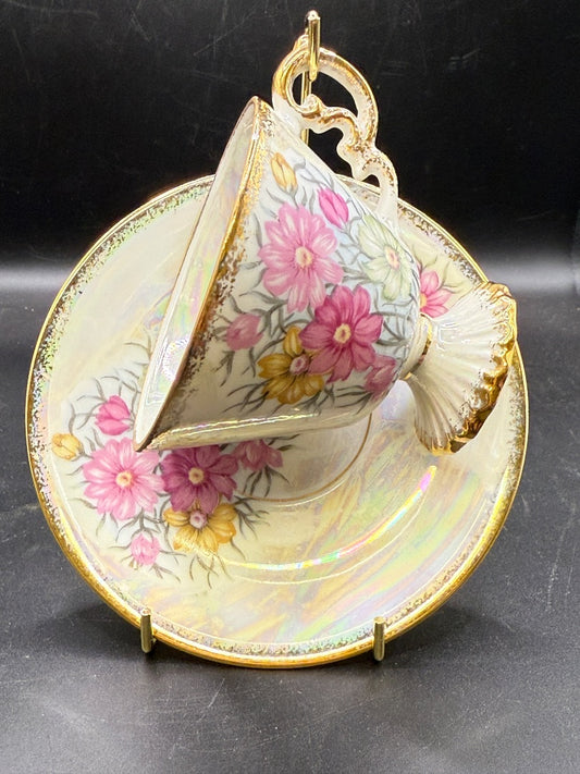October Lusterware pink Flower teacup saucer
