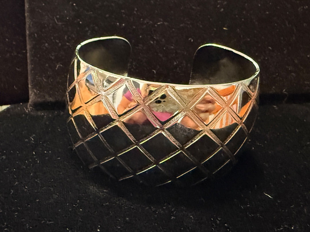Retro Silver Tone Quilted Wide Avon Cuff Bracelet
