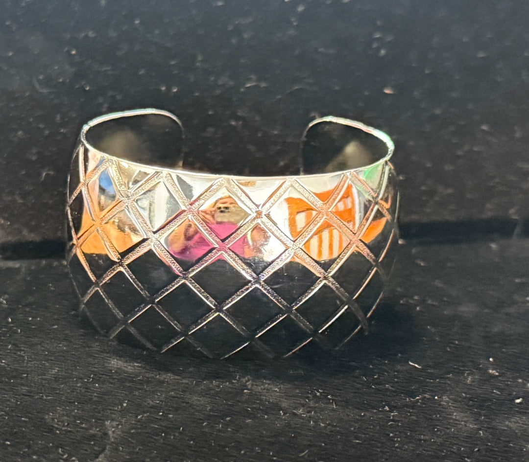 Retro Silver Tone Quilted Wide Avon Cuff Bracelet