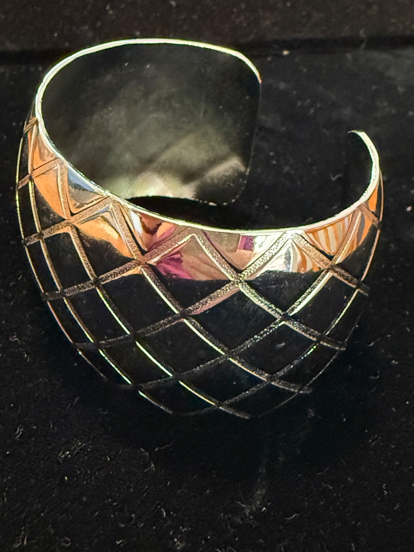 Retro Silver Tone Quilted Wide Avon Cuff Bracelet