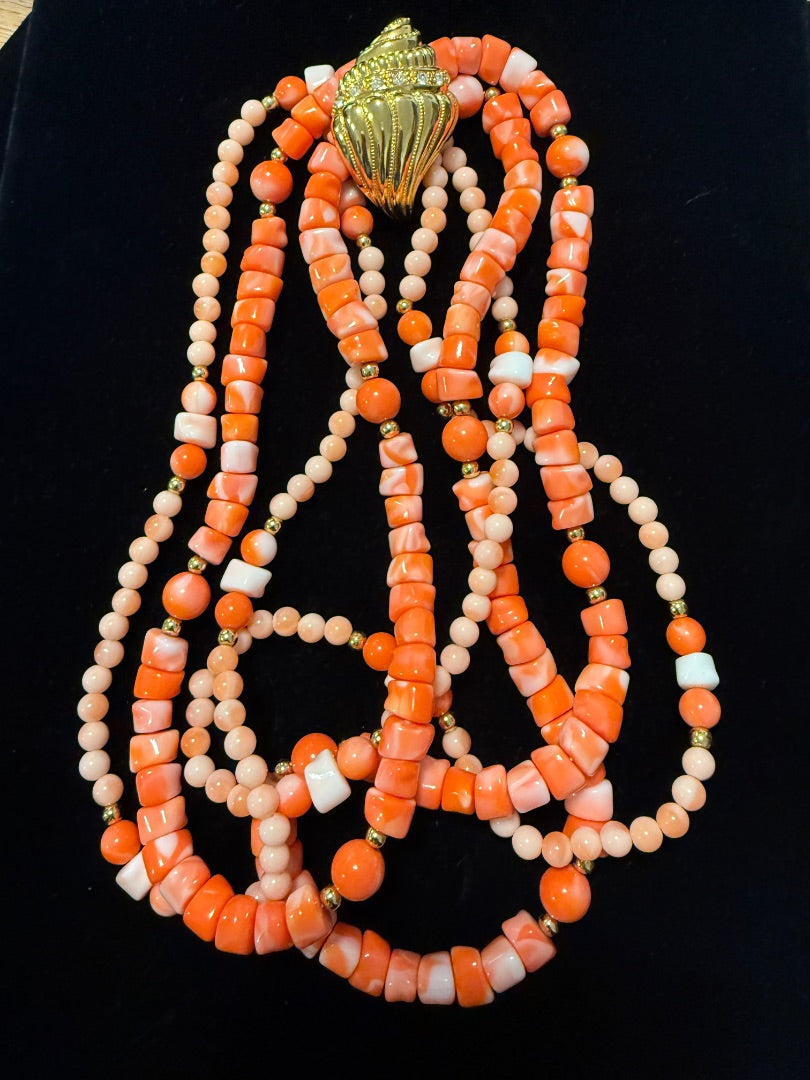 Signed Kenneth Jay Lane KJL Undersea Collection Coral Shell Beaded Necklace