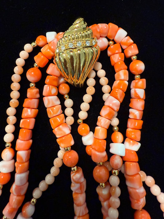 Signed Kenneth Jay Lane KJL Undersea Collection Coral Shell Beaded Necklace