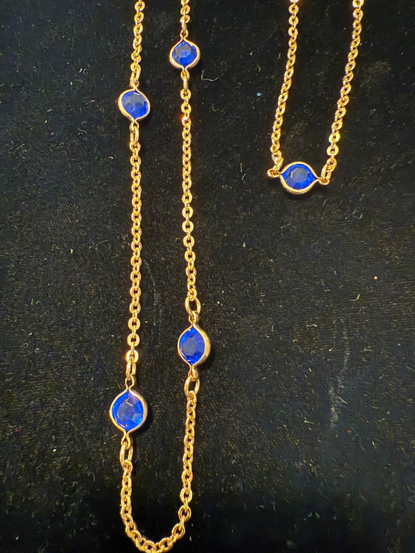 36" Gold Toned Blue Faux Gems Necklace