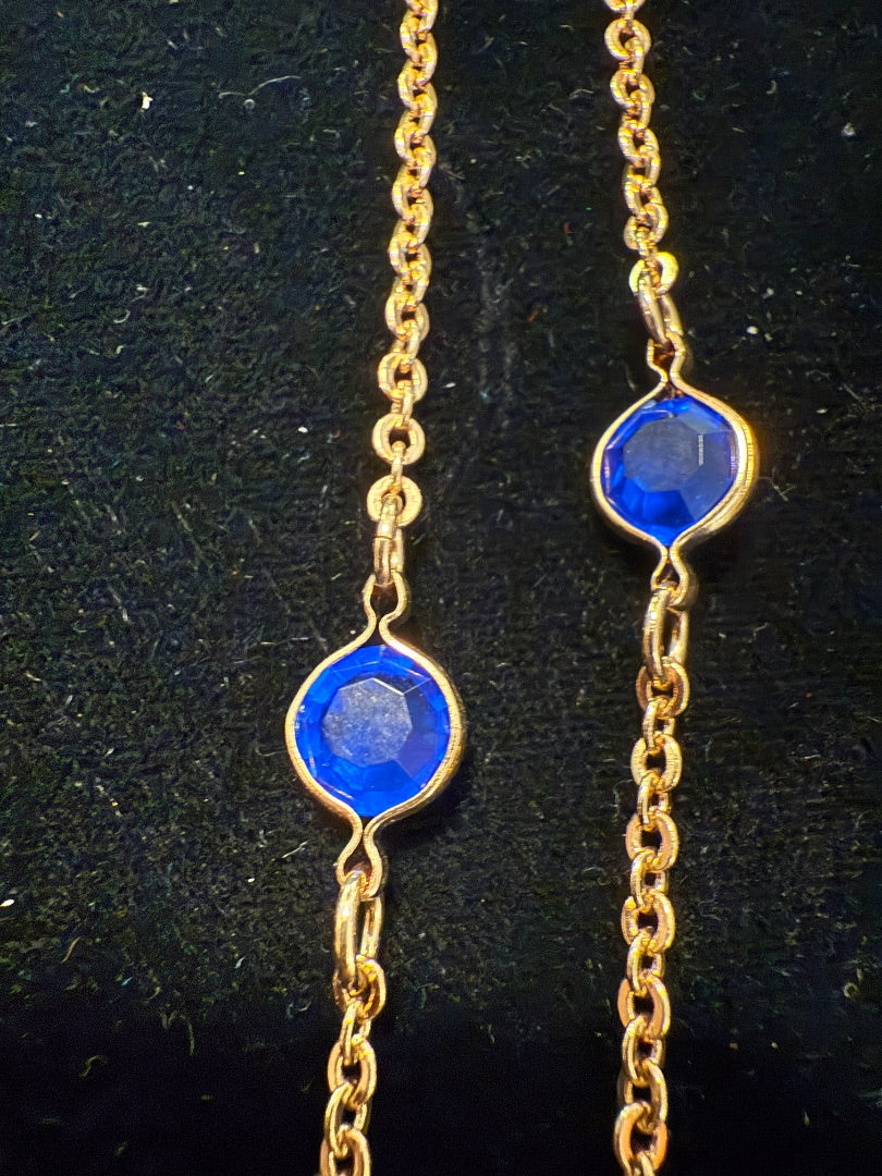 36" Gold Toned Blue Faux Gems Necklace