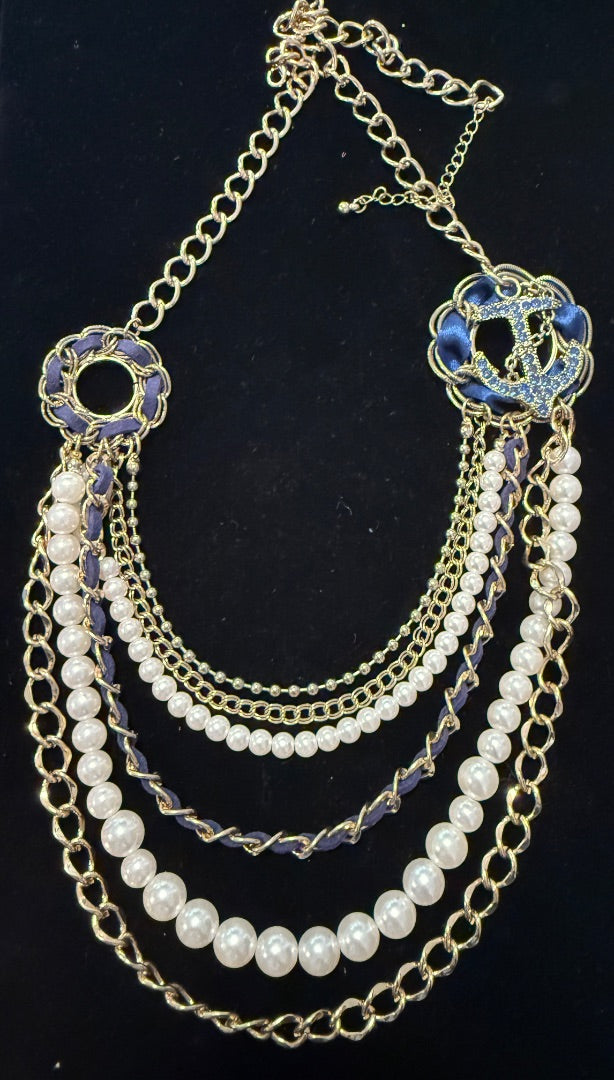 Multi Strand Pearl Blue Nautical Necklace