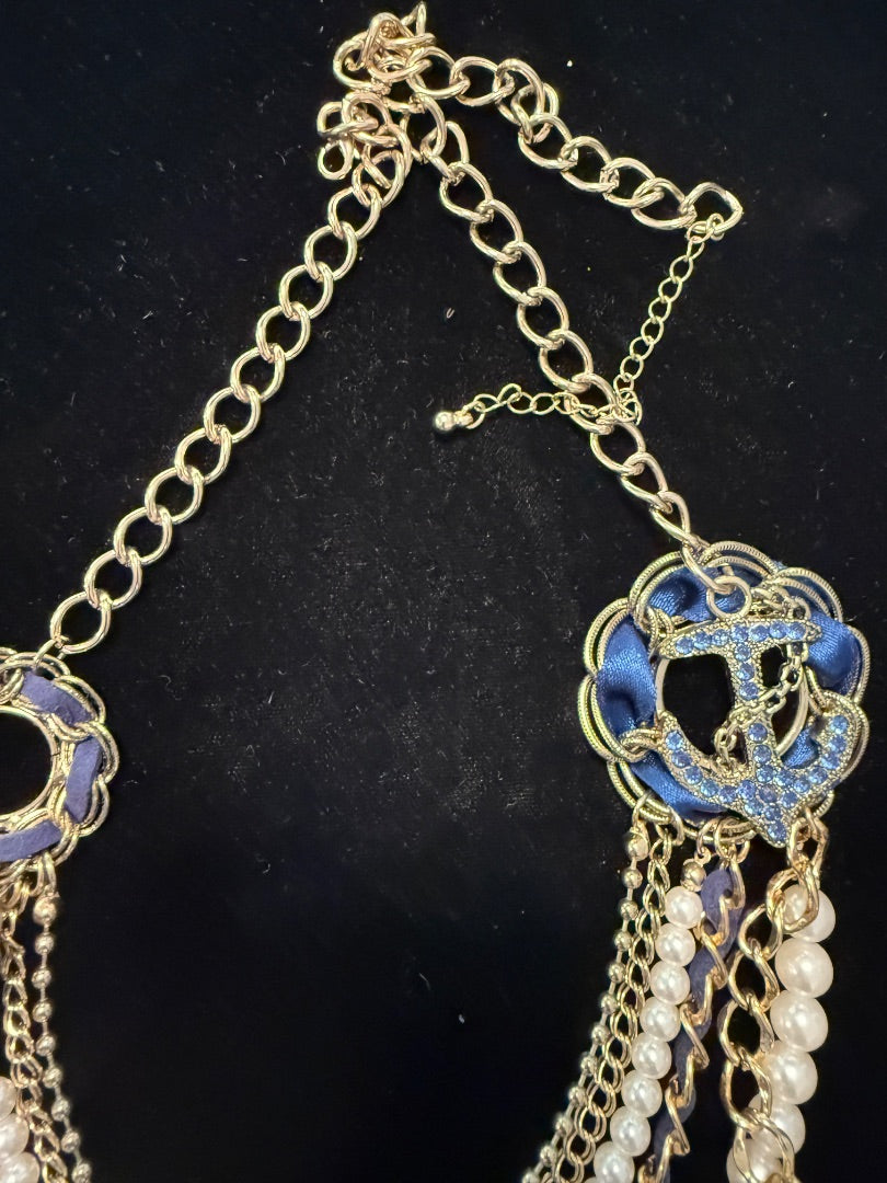 Multi Strand Pearl Blue Nautical Necklace