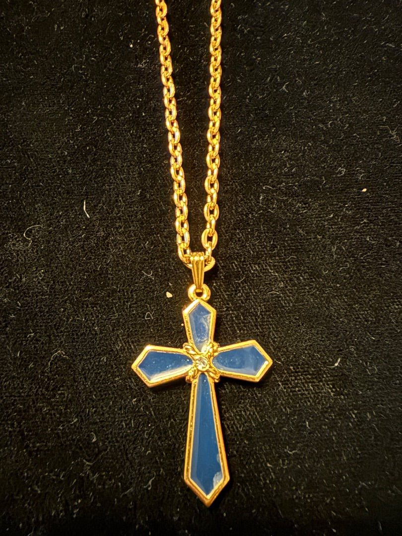 Blue Enamel Avon Vtg Cross Necklace