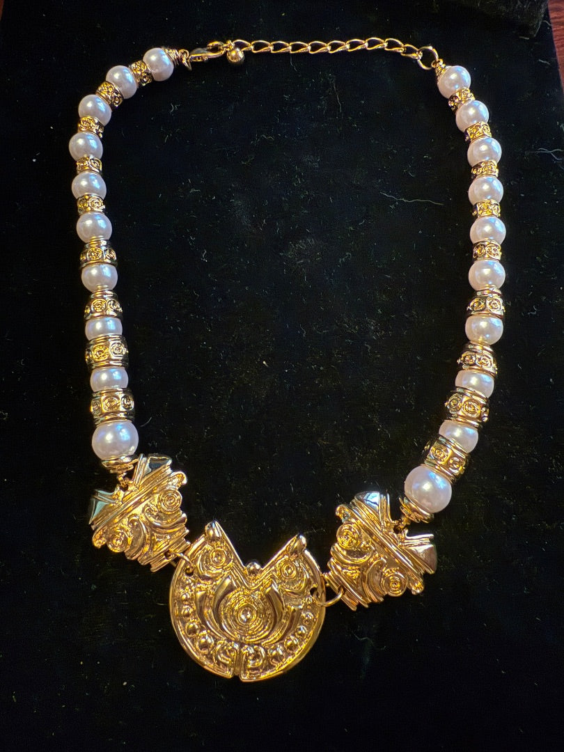 Gold Tone Pearl Aztec Peruvian Necklace