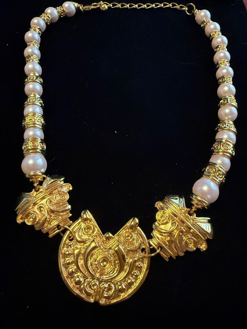 Gold Tone Pearl Aztec Peruvian Necklace