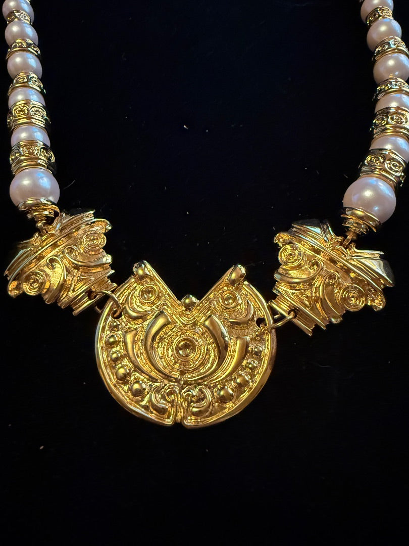 Gold Tone Pearl Aztec Peruvian Necklace