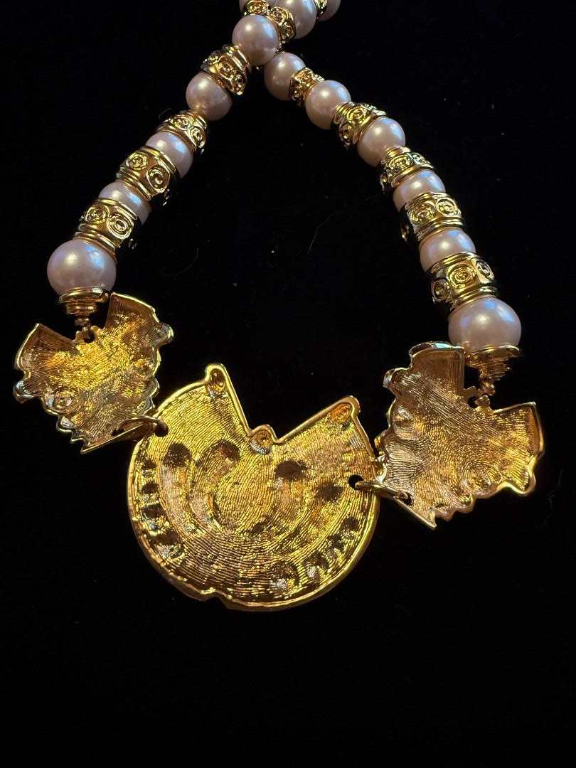 Gold Tone Pearl Aztec Peruvian Necklace