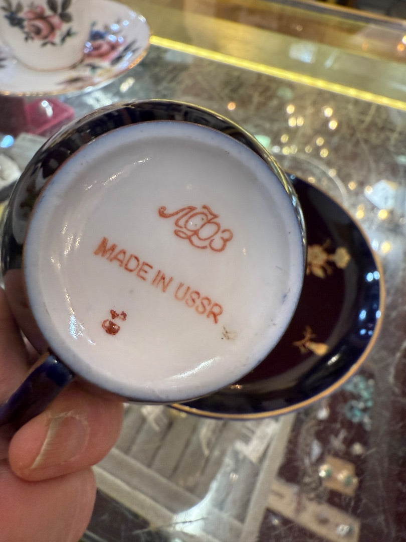 Teacup and saucer Navy blue gold USSR Russian