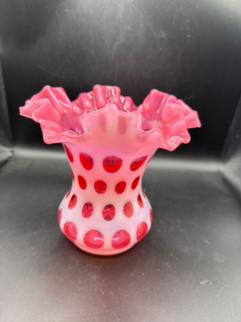 Fenton Coin Dot Cranberry Opalescent Vase