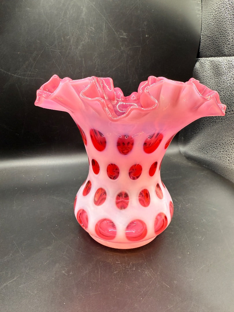 Fenton Coin Dot Cranberry Opalescent Vase