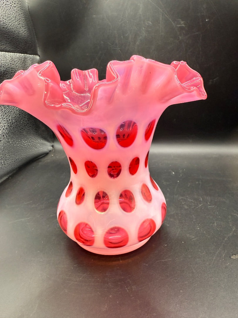 Fenton Coin Dot Cranberry Opalescent Vase