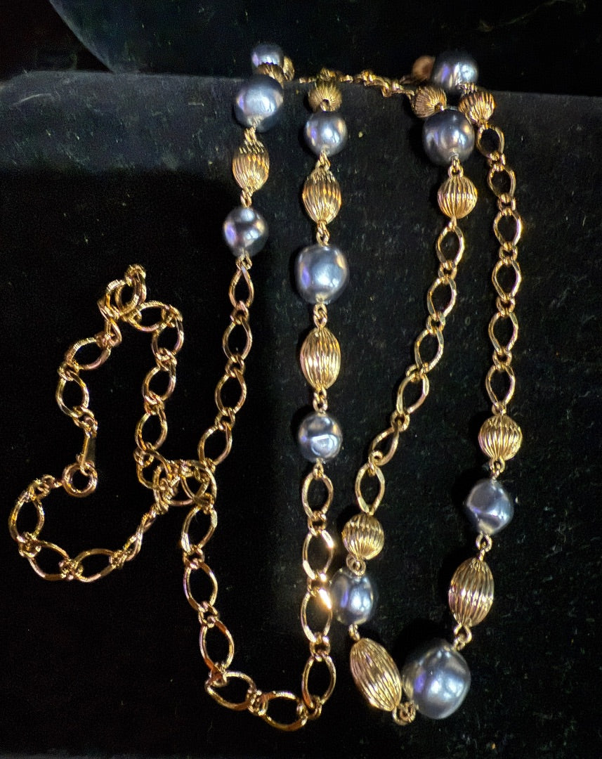 Blue-Grey Pearl Gold Tone Long Necklace