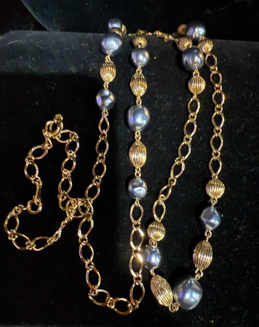 Blue-Grey Pearl Gold Tone Long Necklace