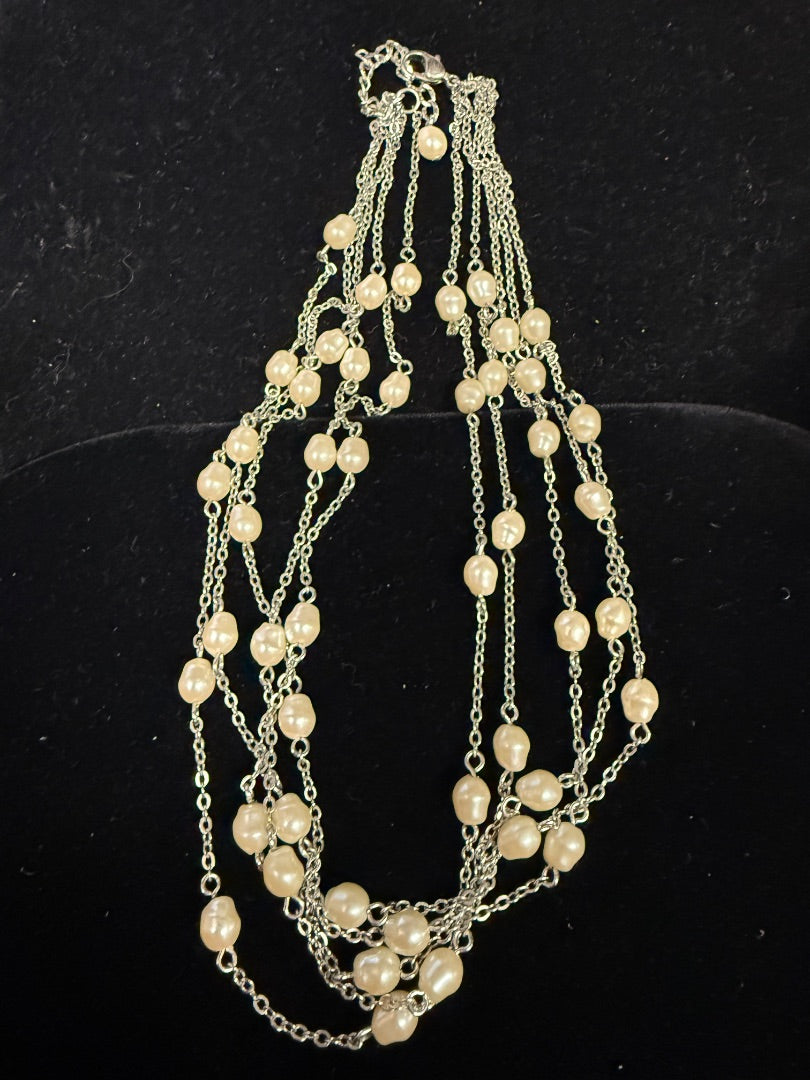 Multi Strand Silver Tone Pearl Necklace