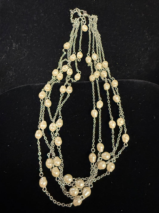 Multi Strand Silver Tone Pearl Necklace