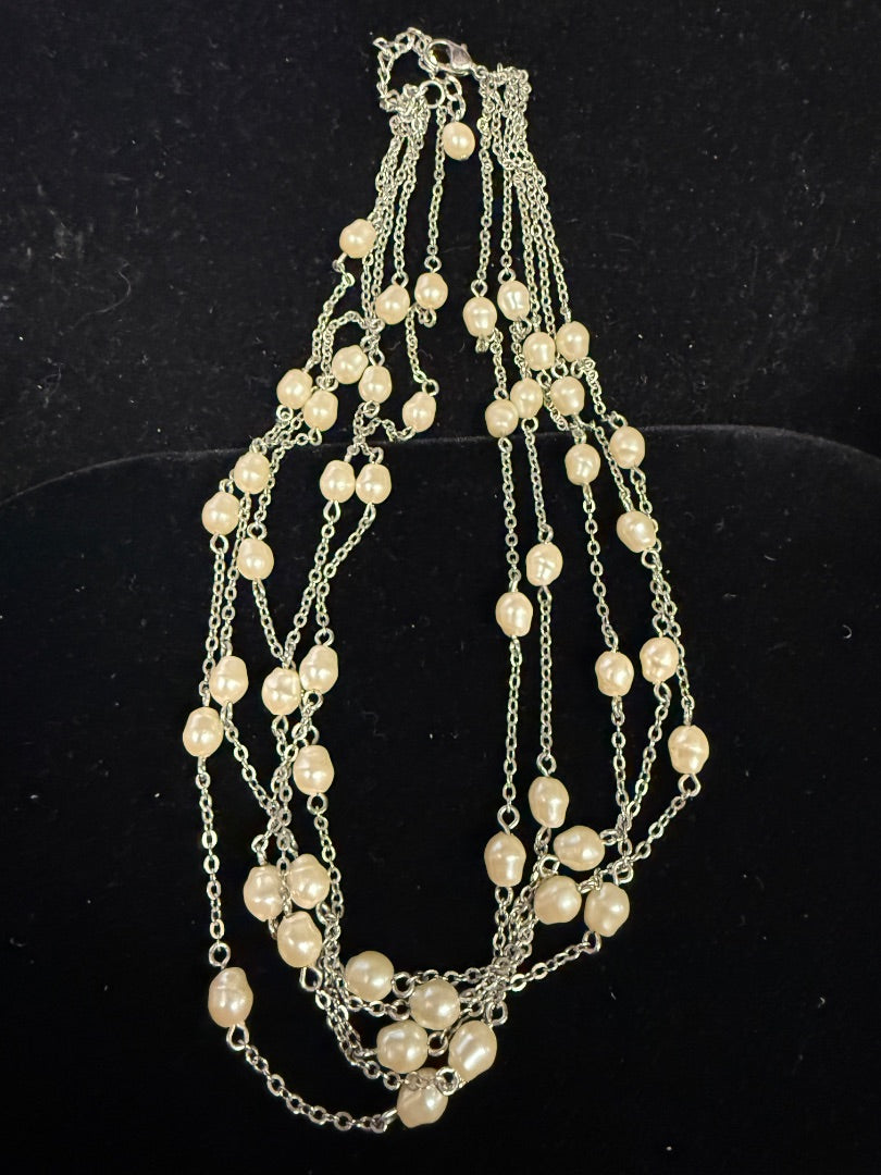 Multi Strand Silver Tone Pearl Necklace