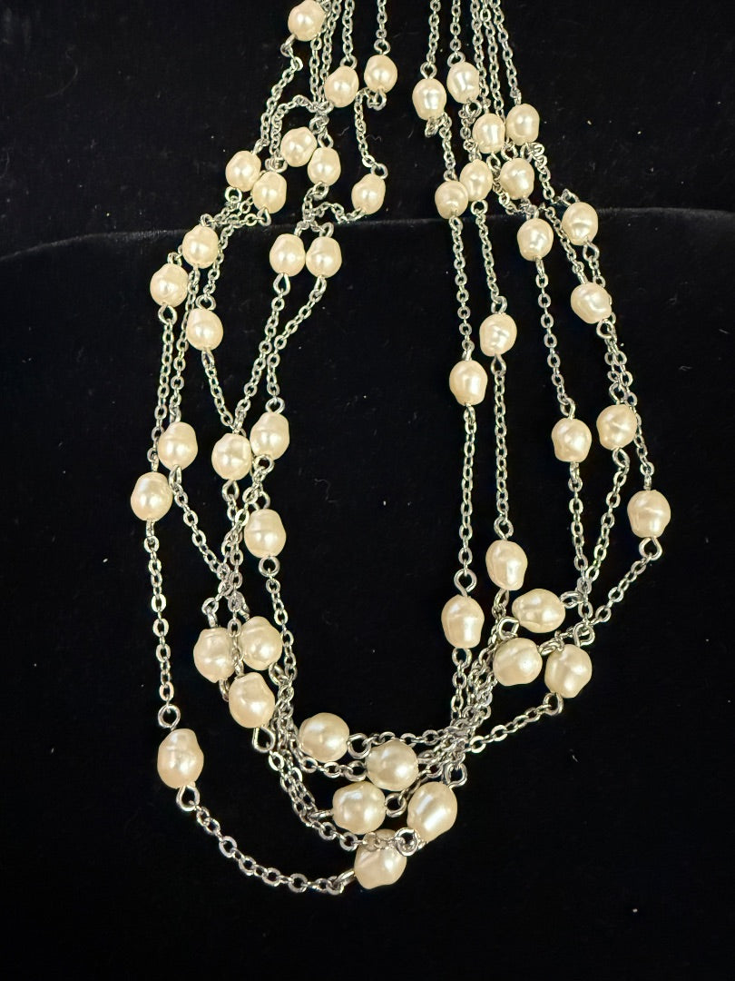 Multi Strand Silver Tone Pearl Necklace