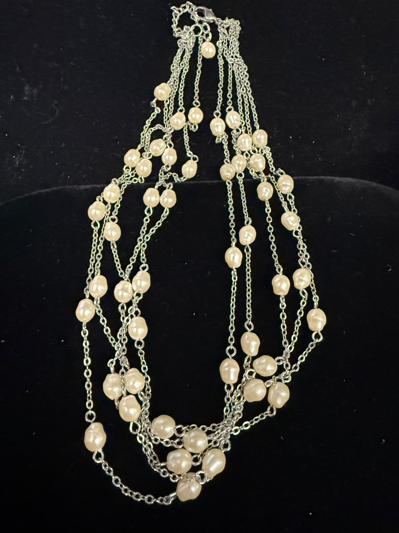 Multi Strand Silver Tone Pearl Necklace