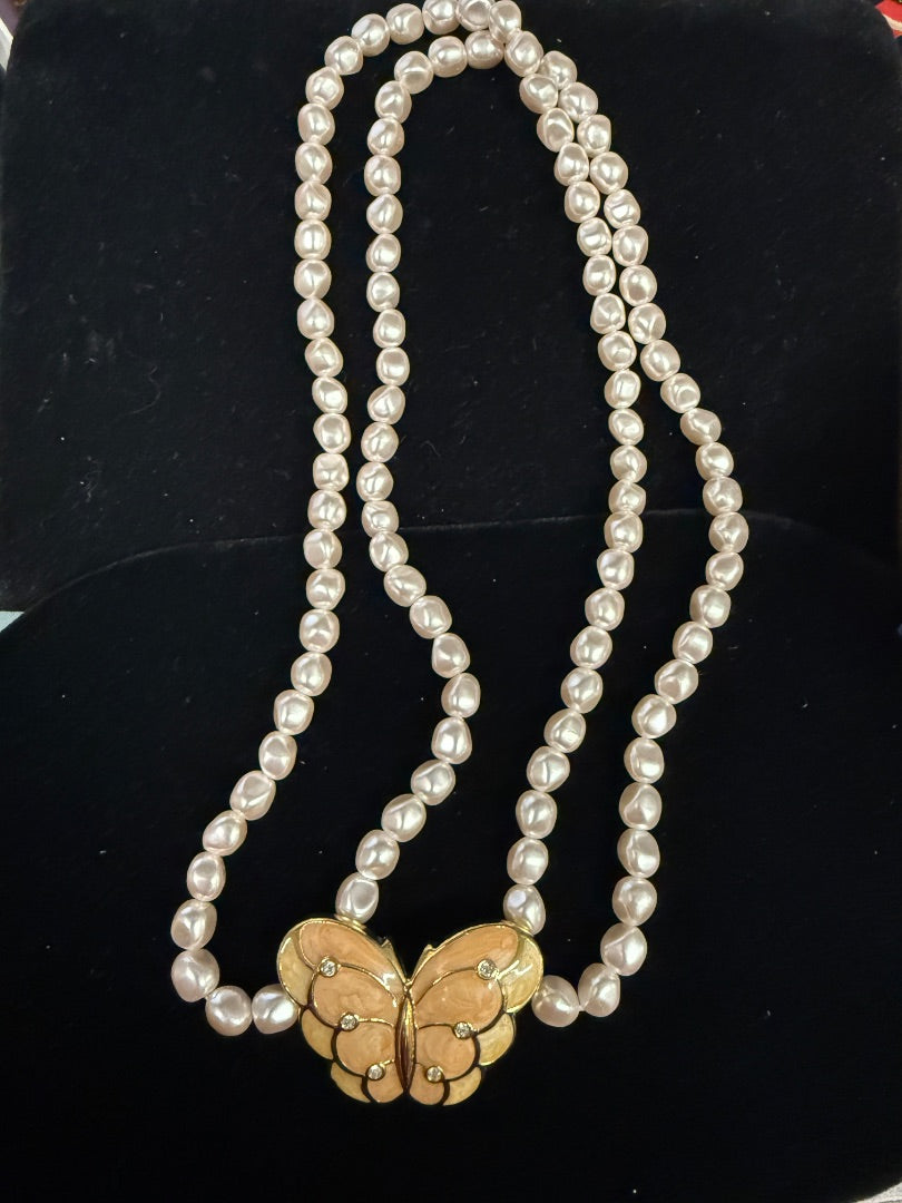 KJL Vtg Avon Butterfly Pastel Pink Pearl Necklace