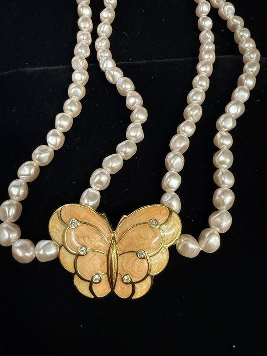 KJL Vtg Avon Butterfly Pastel Pink Pearl Necklace