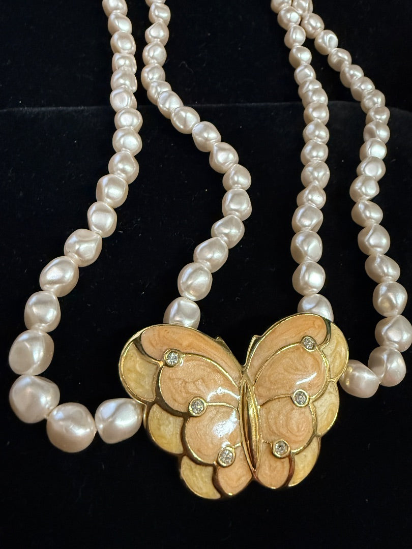 KJL Vtg Avon Butterfly Pastel Pink Pearl Necklace
