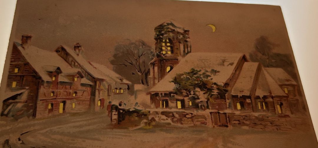 Houses In Town Covered In Snow At Night