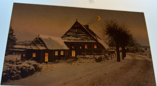 Snowy Cabin At Night With Trees