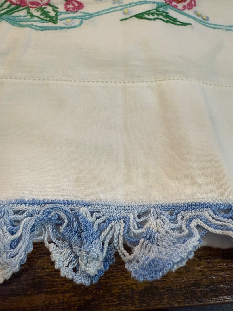 Vtg Embroidered Pillow Cases  Yellow Flowers Pink Flowers Blue Trim