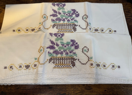 Vtg Embroidered Pillow Cases Purple Flower Basket