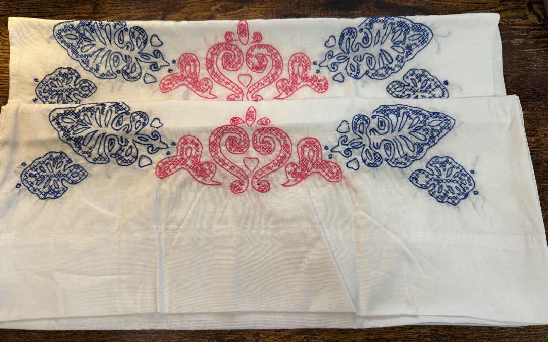 Pr Vtg Embroidered Pillow case Blue Pink